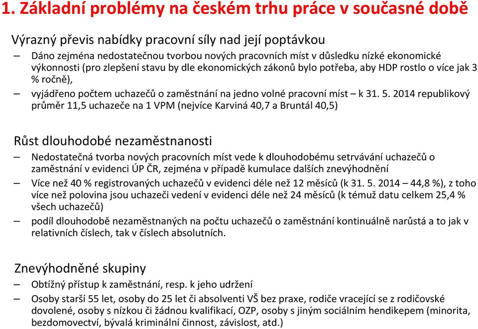 2014 republikový průměr 11,5 uchazeče na 1 VPM (nejvíce Karviná 40,7 a Bruntál 40,5) Růst dlouhodobé nezaměstnanosti Nedostatečná tvorba nových pracovních míst vede k dlouhodobému setrvávání uchazečů