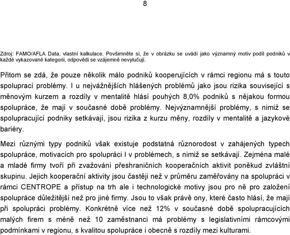 I u nejvážnějších hlášených problémů jako jsou rizika související s měnovým kurzem a rozdíly v mentalitě hlásí pouhých 8,0% podniků s nějakou formou spolupráce, že mají v současné době problémy.