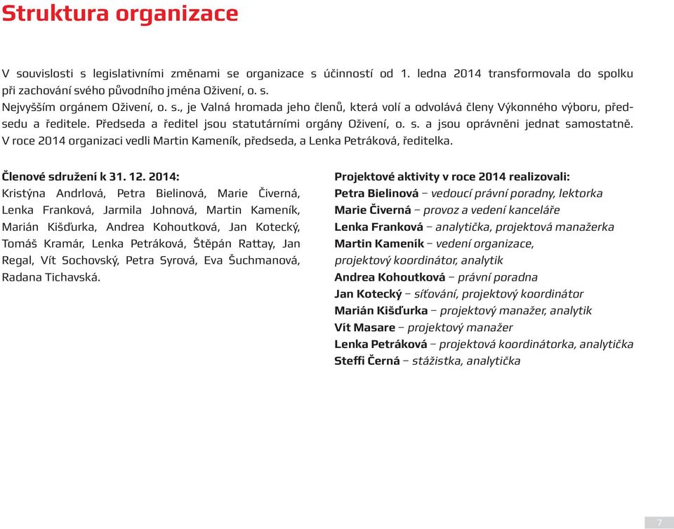 Předseda a ředitel jsou statutárními orgány Oživení, o. s. a jsou oprávněni jednat samostatně. V roce 2014 organizaci vedli Martin Kameník, předseda, a Lenka Petráková, ředitelka.