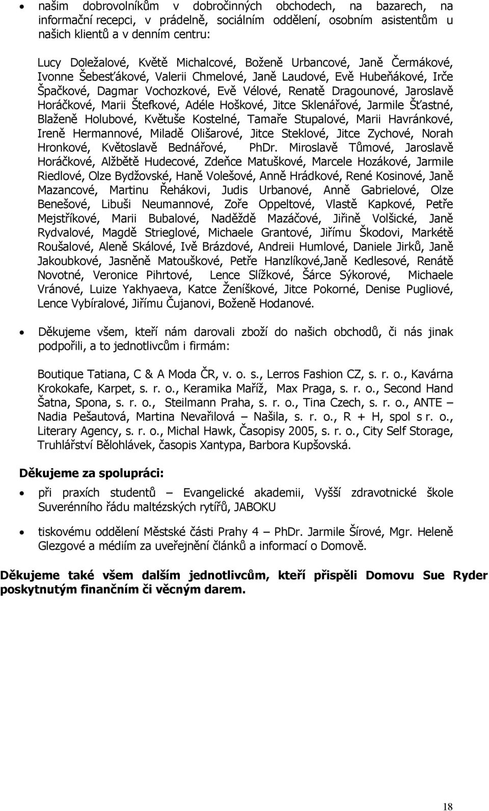 Marii Štefkové, Adéle Hoškové, Jitce Sklenářové, Jarmile Šťastné, Blaženě Holubové, Květuše Kostelné, Tamaře Stupalové, Marii Havránkové, Ireně Hermannové, Miladě Olišarové, Jitce Steklové, Jitce