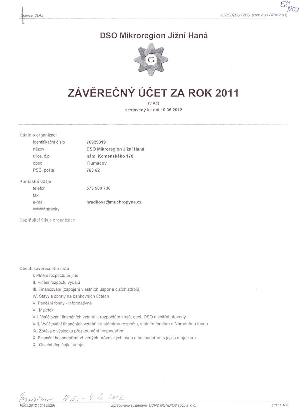 Komenského 170 Tlumačov 76362 573 500 736 hradi/ova@muchropyne.cz Dop/riujici údaje organizace Obsah závěrečného účtu I. Plnění rozpočtu příjmů II. Plnění rozpočtu výdajů III.