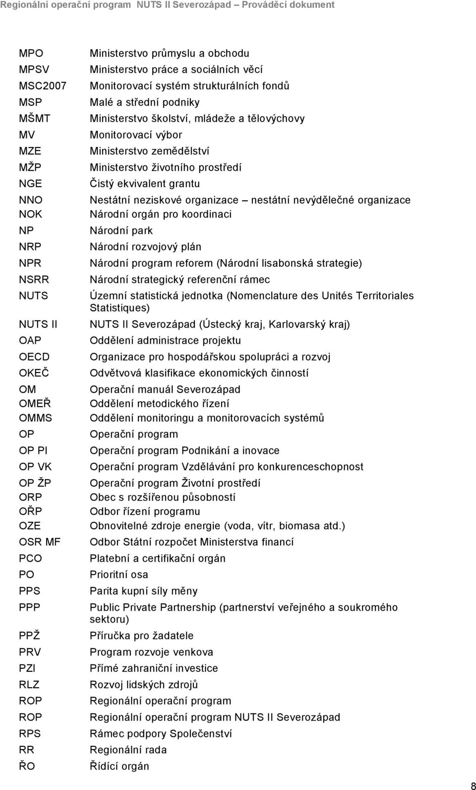 Nestátní neziskové organizace nestátní nevýdělečné organizace Národní orgán pro koordinaci NP Národní park NRP Národní rozvojový plán NPR Národní program reforem (Národní lisabonská strategie) NSRR