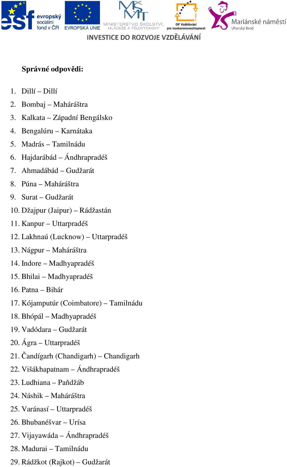 Bhilai Madhyapradéš 16. Patna Bihár 17. Kójamputúr (Coimbatore) Tamilnádu 18. Bhópál Madhyapradéš 19. Vadódara Gudžarát 20. Ágra Uttarpradéš 21. Čandígarh (Chandigarh) Chandigarh 22.