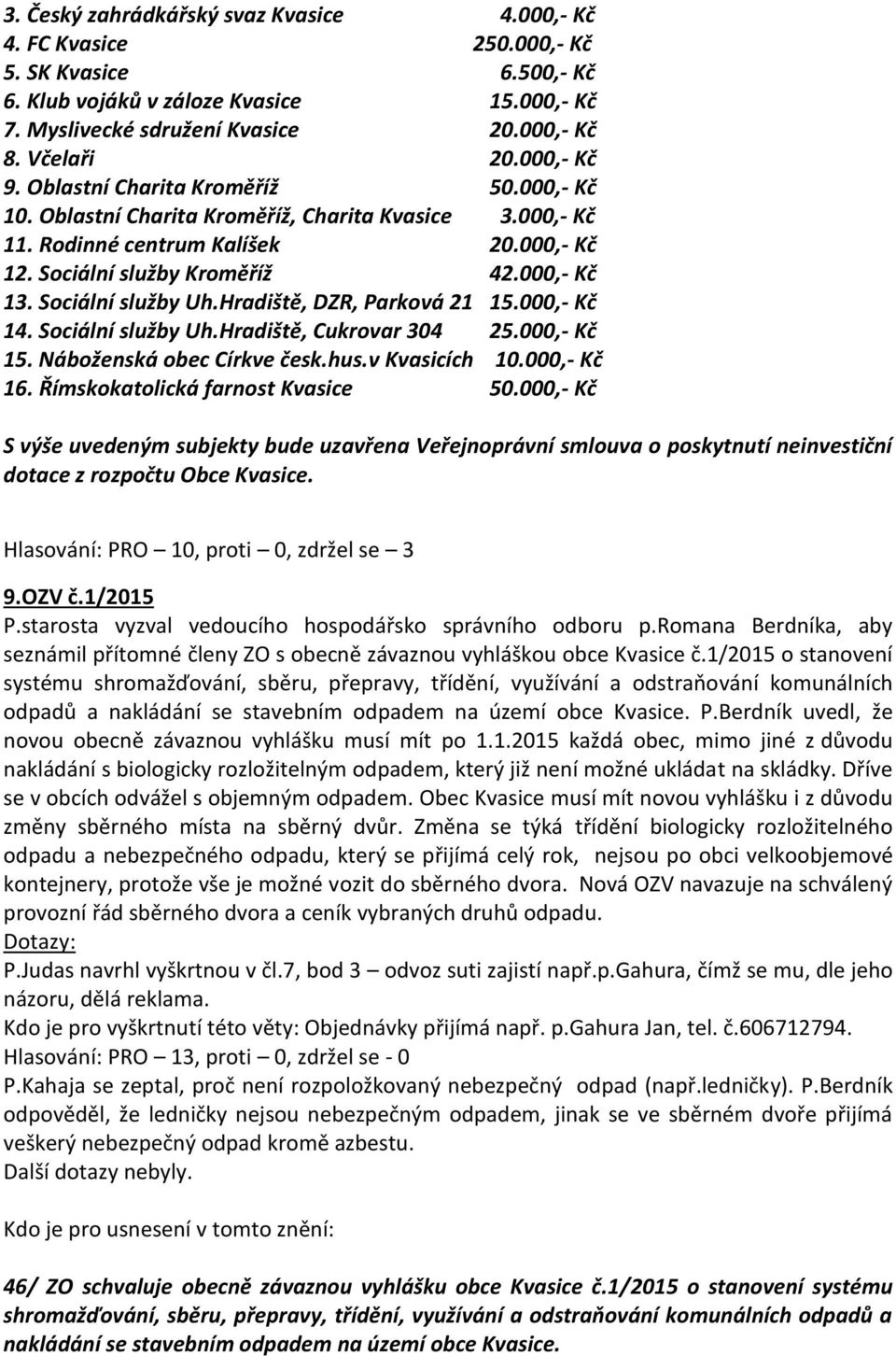 Sociální služby Uh.Hradiště, DZR, Parková 21 15.000,- Kč 14. Sociální služby Uh.Hradiště, Cukrovar 304 25.000,- Kč 15. Náboženská obec Církve česk.hus.v Kvasicích 10.000,- Kč 16.