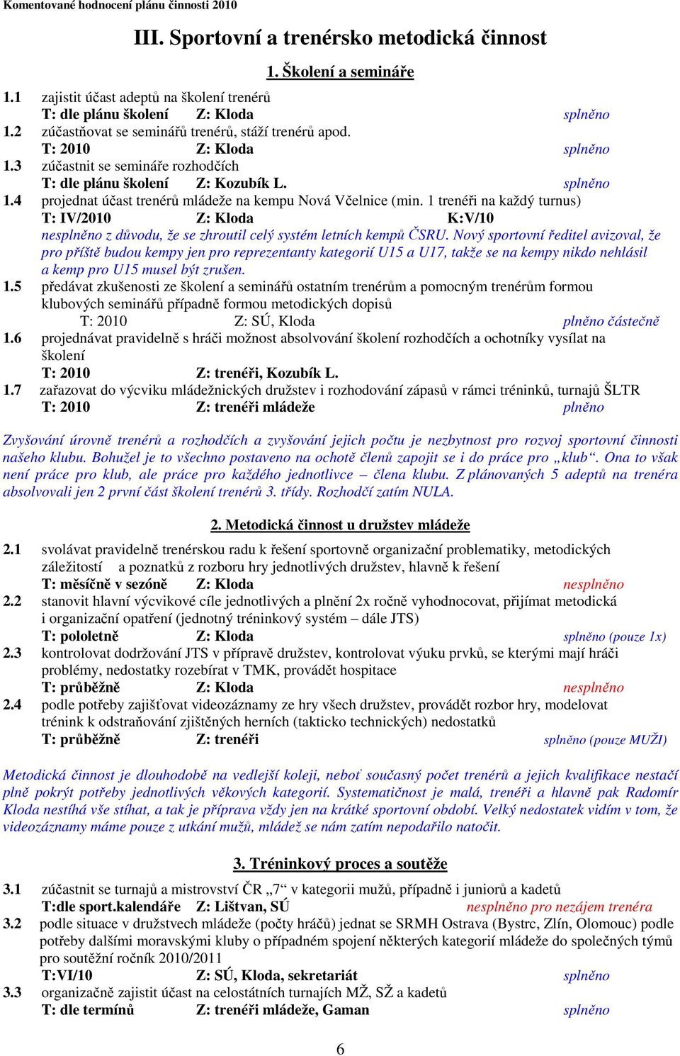 1 trenéři na každý turnus) T: IV/2010 Z: Kloda K:V/10 nesplněno z důvodu, že se zhroutil celý systém letních kempů ČSRU.