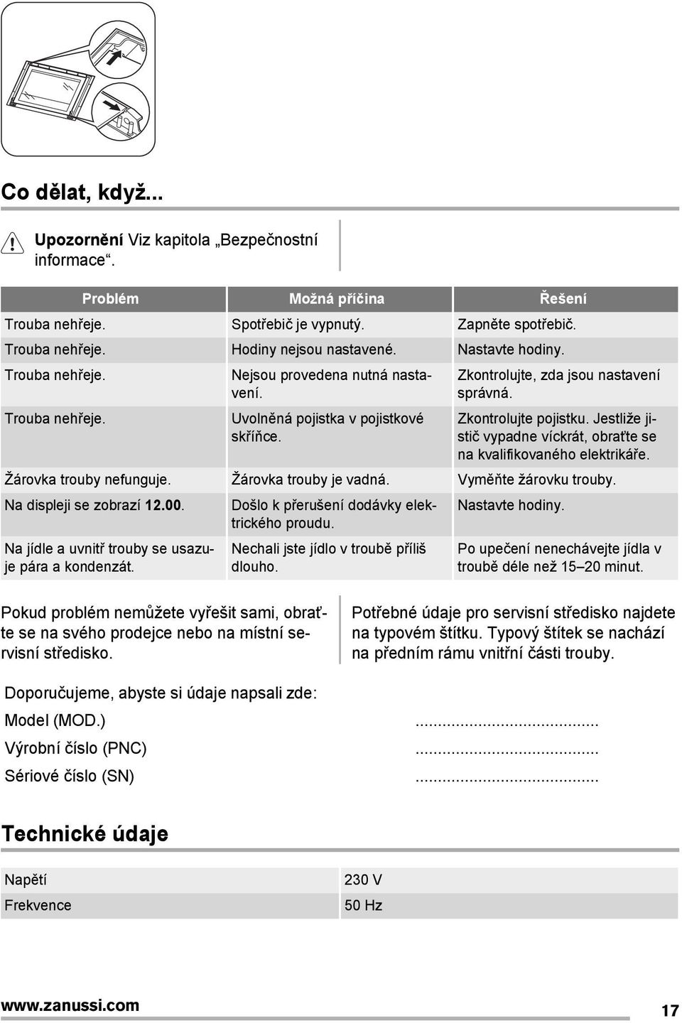 Jestliže jistič vypadne víckrát, obraťte se na kvalifikovaného elektrikáře. Žárovka trouby nefunguje. Žárovka trouby je vadná. Vyměňte žárovku trouby. Na displeji se zobrazí 12.00.