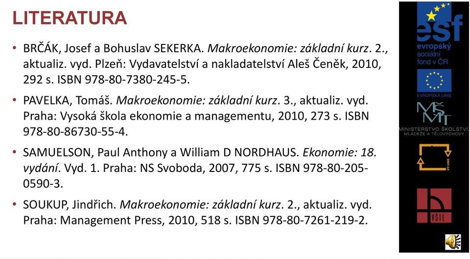 vyd. Praha: Vysoká škola ekonomie a managementu, 2010, 273 s. ISBN 978-80-86730-55-4. SAMUELSON, Paul Anthony a William D NORDHAUS. Ekonomie: 18.