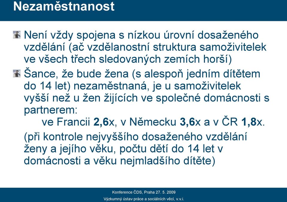 samoživitelek vyšší než u žen žijících ve společné domácnosti s partnerem: ve Francii 2,6x, v Německu 3,6x a v ČR