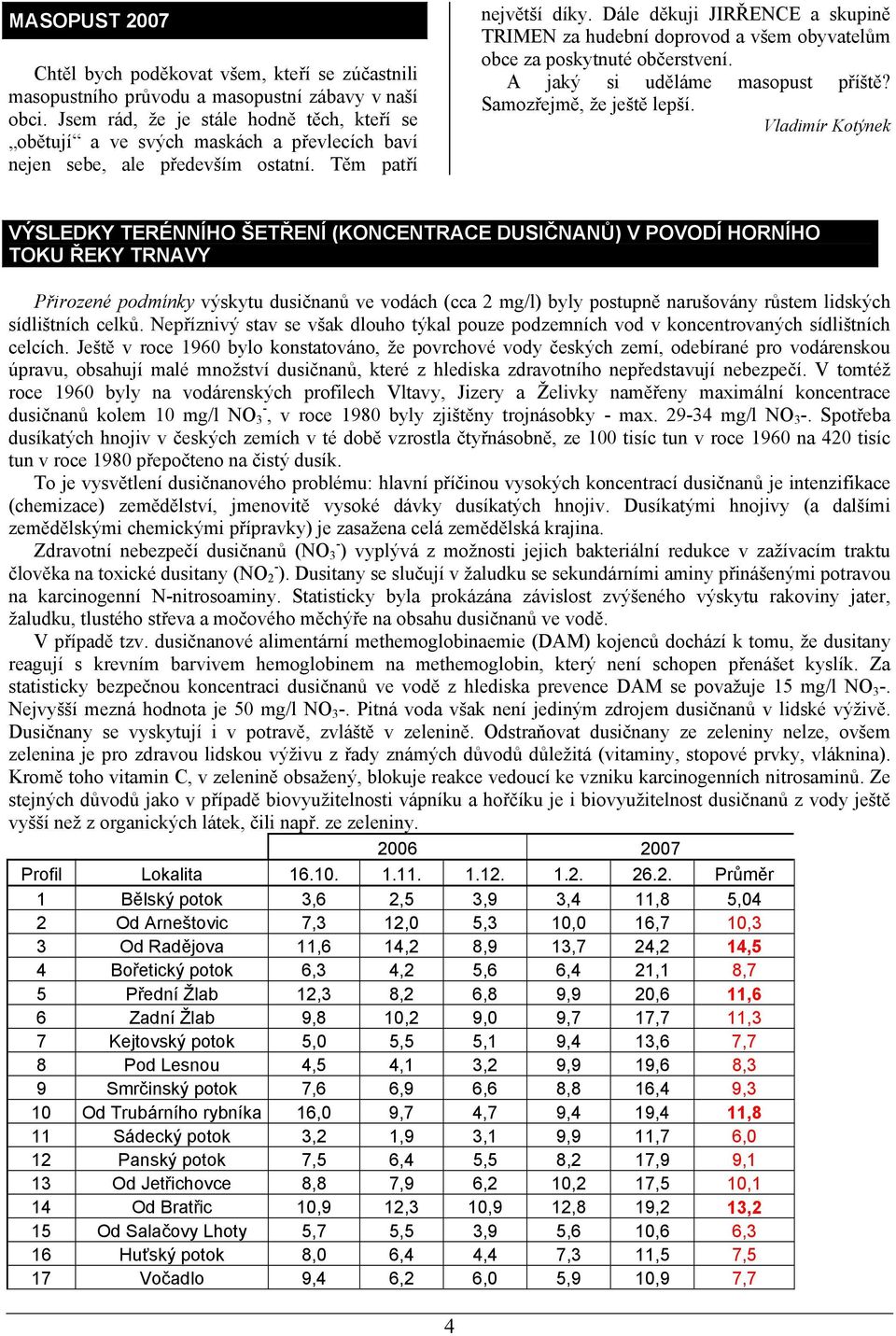 Dále děkuji JIRŘENCE a skupině TRIMEN za hudební doprovod a všem obyvatelům obce za poskytnuté občerstvení. A jaký si uděláme masopust příště? Samozřejmě, že ještě lepší.