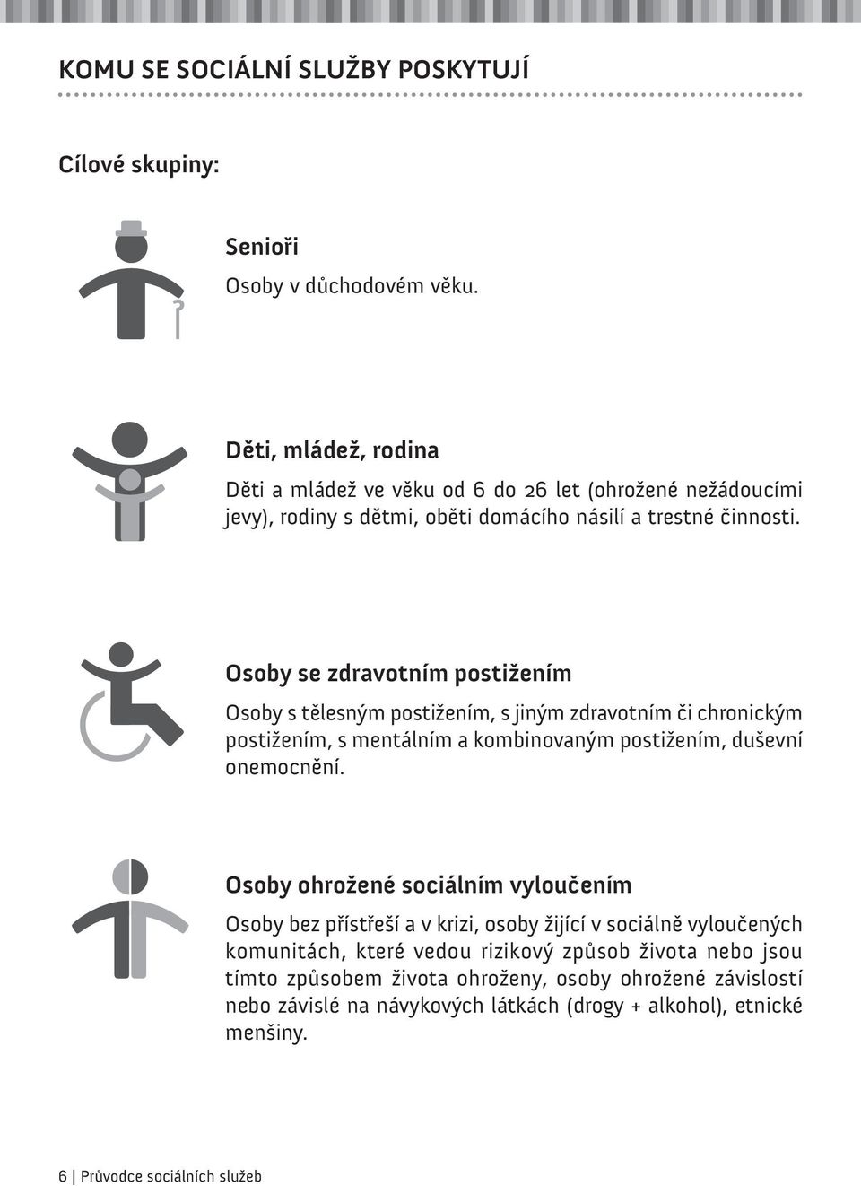 Osoby se zdravotním postižením Osoby s tělesným postižením, s jiným zdravotním či chronickým postižením, s mentálním a kombinovaným postižením, duševní onemocnění.