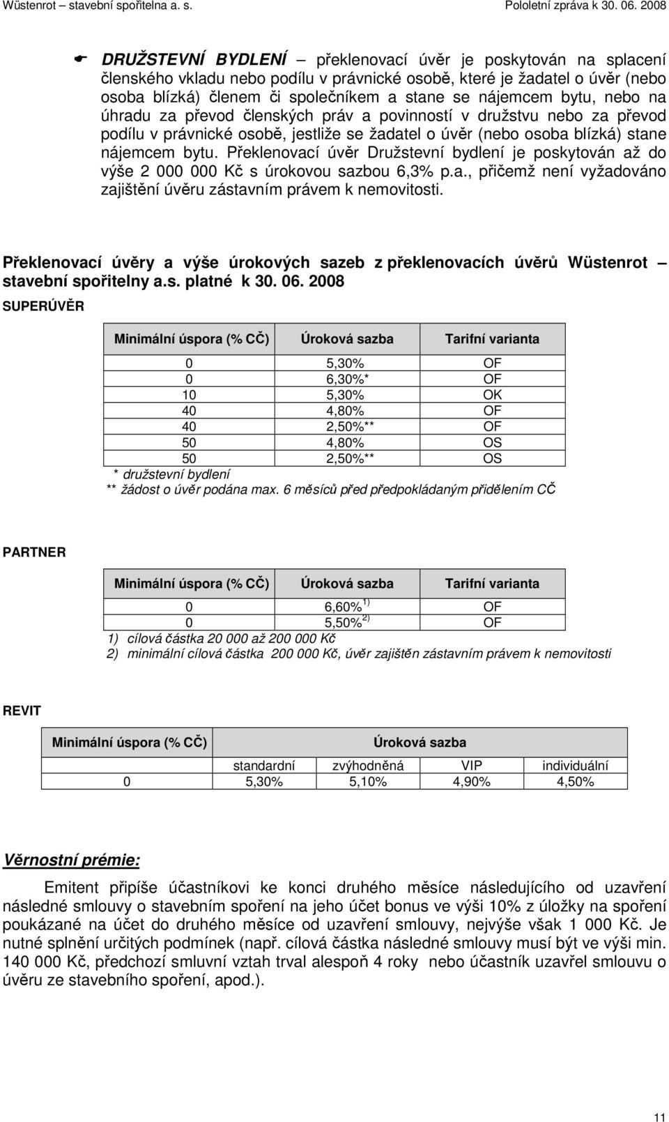 Překlenovací úvěr Družstevní bydlení je poskytován až do výše 2 000 000 Kč s úrokovou sazbou 6,3% p.a., přičemž není vyžadováno zajištění úvěru zástavním právem k nemovitosti.