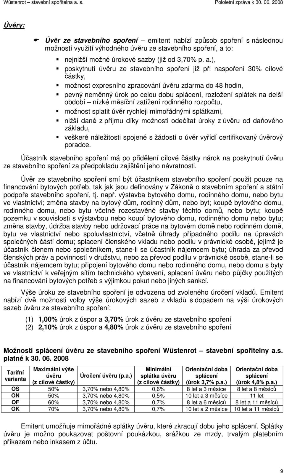 ), poskytnutí úvěru ze stavebního spoření již při naspoření 30% cílové částky, možnost expresního zpracování úvěru zdarma do 48 hodin, pevný neměnný úrok po celou dobu splácení, rozložení splátek na