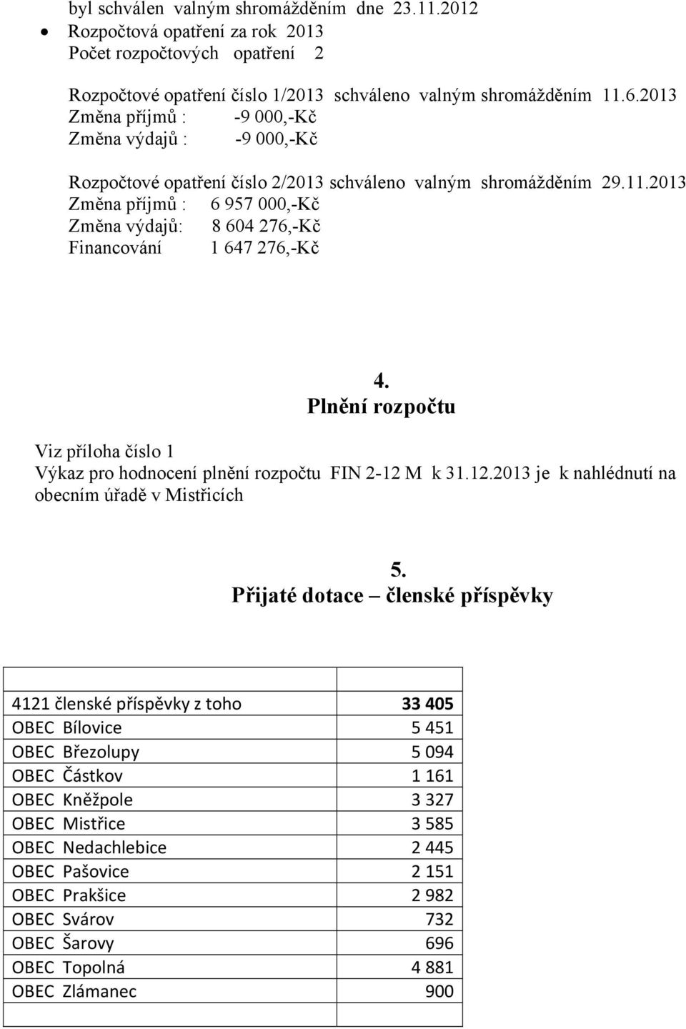 2013 Změna příjmů : 6 957 000,-Kč Změna výdajů: 8 604 276,-Kč Financování 1 647 276,-Kč 4. Plnění rozpočtu Viz příloha číslo 1 Výkaz pro hodnocení plnění rozpočtu FIN 2-12 