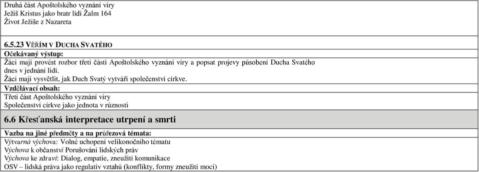 Žáci mají vysvětlit, jak Duch Svatý vytváří společenství církve. Třetí část Apoštolského vyznání víry Společenství církve jako jednota v různosti 6.