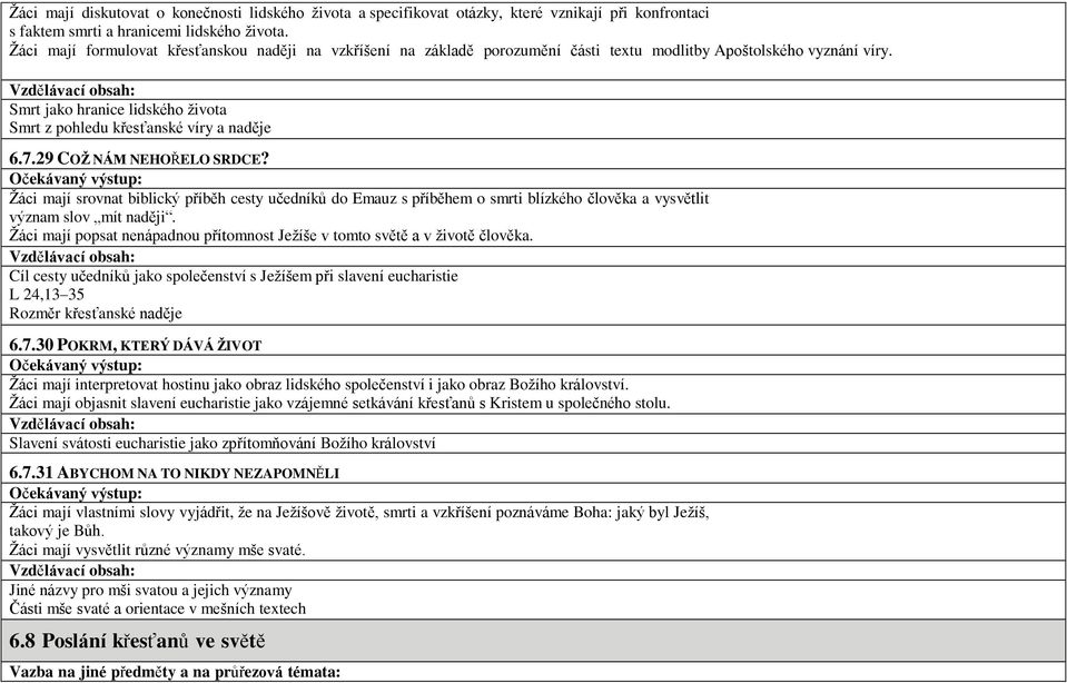 7.29 COŽ NÁM NEHOŘELO SRDCE? Žáci mají srovnat biblický příběh cesty učedníků do Emauz s příběhem o smrti blízkého člověka a vysvětlit význam slov mít naději.