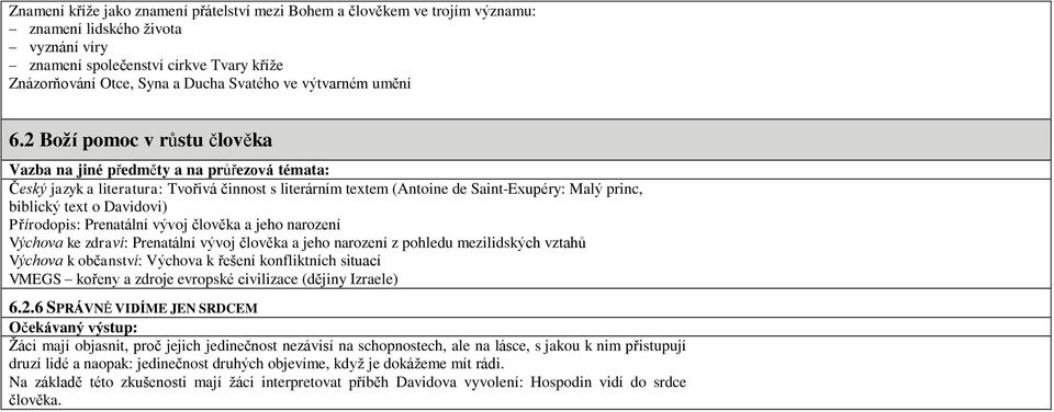 2 Boží pomoc v růstu člověka Vazba na jiné předměty a na průřezová témata: Český jazyk a literatura: Tvořivá činnost s literárním textem (Antoine de Saint-Exupéry: Malý princ, biblický text o