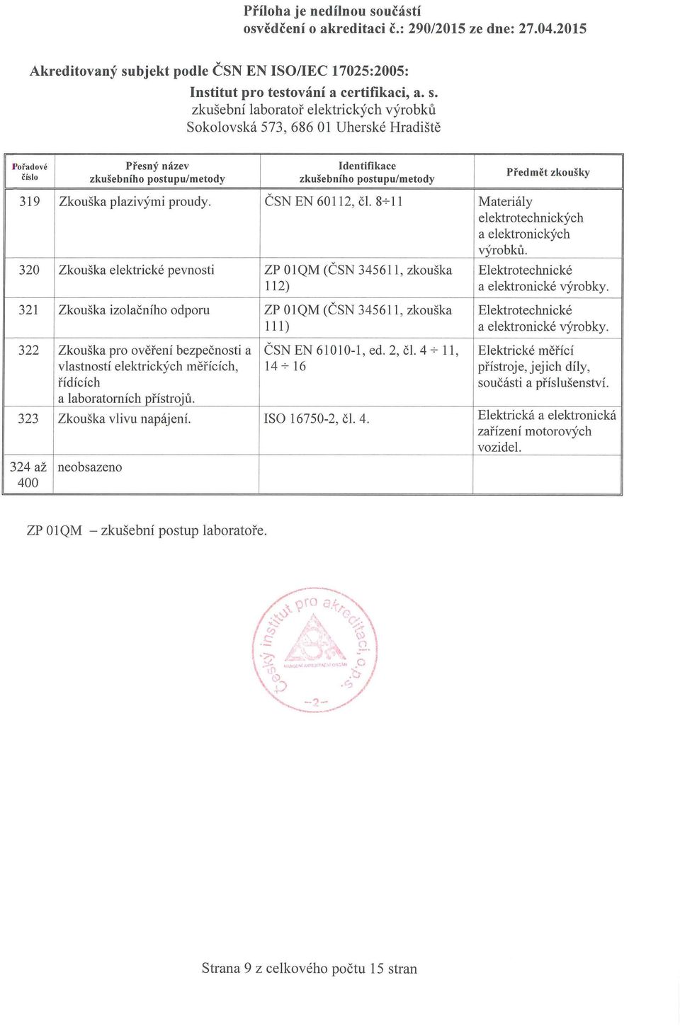 ČSN EN 61010-1, ed. 2, čl. 4-:- 11, vlastností elektrických měřících, 14-:- 16 řídících a laboratorních přístrojů. Zkouška vlivu napájení. ISO 16750-2, čl. 4. neobsazeno Materiály elektrotechnických a elektronických výrobků.