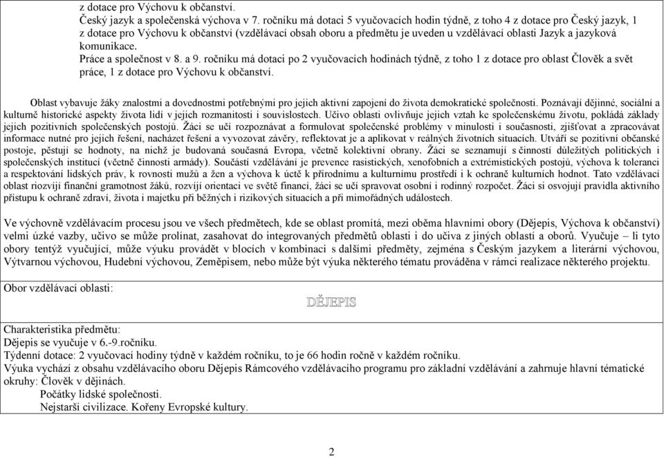 komunikace. Práce a společnost v 8. a 9. ročníku má dotaci po 2 vyučovacích hodinách týdně, z toho 1 z dotace pro oblast Člověk a svět práce, 1 z dotace pro Výchovu k občanství.