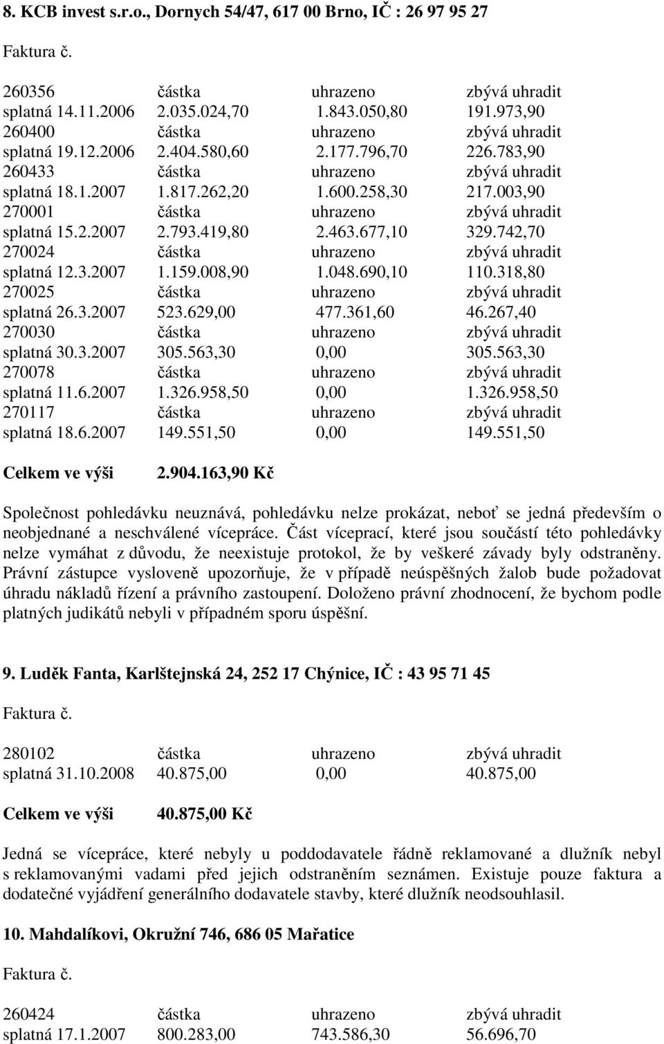 003,90 270001 částka uhrazeno zbývá uhradit splatná 15.2.2007 2.793.419,80 2.463.677,10 329.742,70 270024 částka uhrazeno zbývá uhradit splatná 12.3.2007 1.159.008,90 1.048.690,10 110.