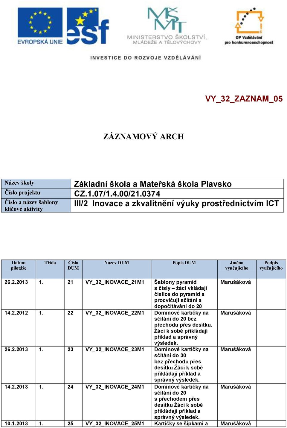 21 VY_32_INOVACE_21M1 Šablony pyramid s čísly žáci vkládají číslice do pyramid a procvičují sčítání a dopočítávání do 20 14.2.2012 1.