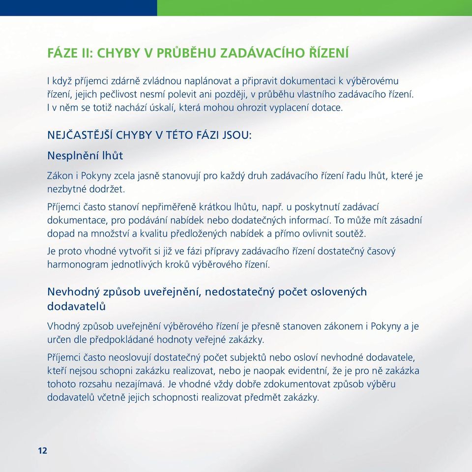 NEJČASTĚJŠÍ CHYBY V TÉTO FÁZI JSOU: Nesplnění lhůt Zákon i Pokyny zcela jasně stanovují pro každý druh zadávacího řízení řadu lhůt, které je nezbytné dodržet.
