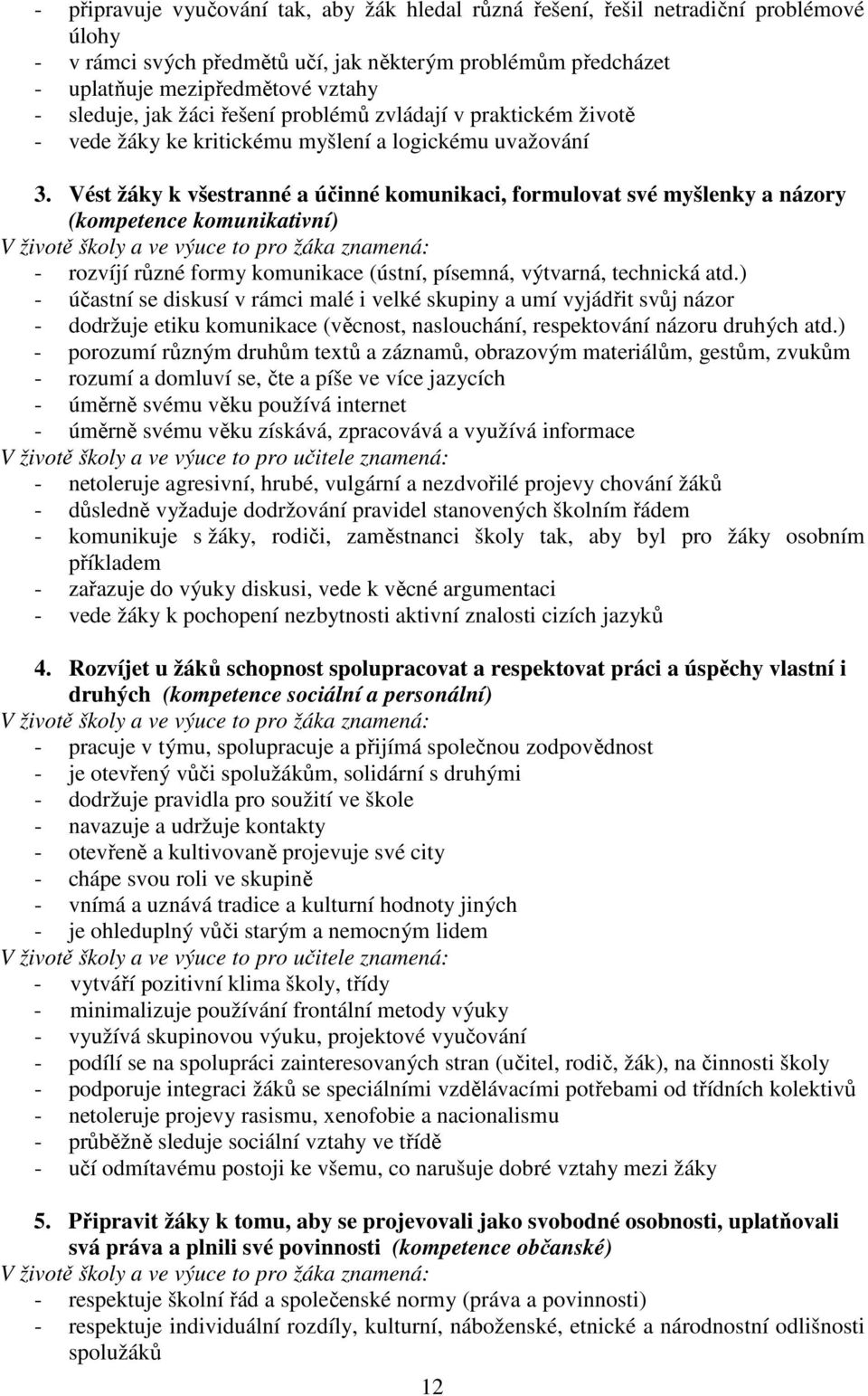 Vést žáky k všestranné a účinné komunikaci, formulovat své myšlenky a názory (kompetence komunikativní) - rozvíjí různé formy komunikace (ústní, písemná, výtvarná, technická atd.