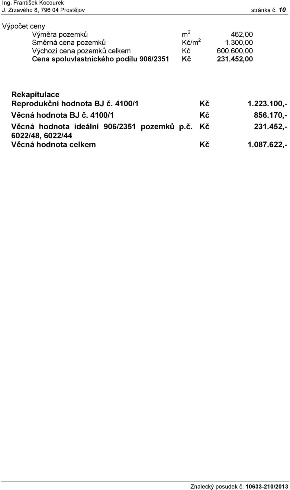 300,00 Výchozí cena pozemků celkem Kč 600.600,00 Cena spoluvlastnického podílu 906/2351 Kč 231.