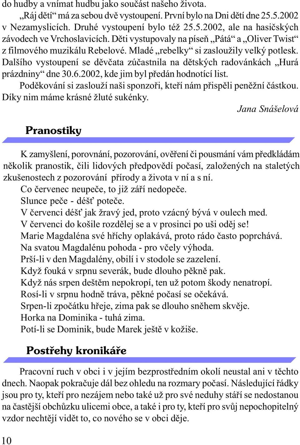 Dalšího vystoupení se dìvèata zúèastnila na dìtských radovánkách Hurá prázdniny dne 30.6.2002, kde jim byl pøedán hodnotící list.