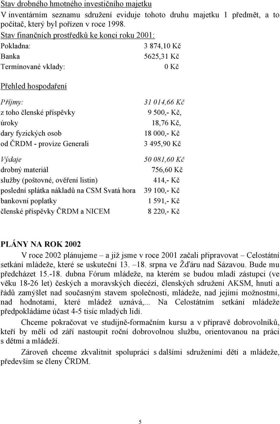 provize Generali Výdaje drobný materiál služby (poštovné, ověření listin) poslední splátka nákladů na CSM Svatá hora bankovní poplatky členské příspěvky ČRDM a NICEM 31 014,66 Kč 9 500,- Kč, 18,76