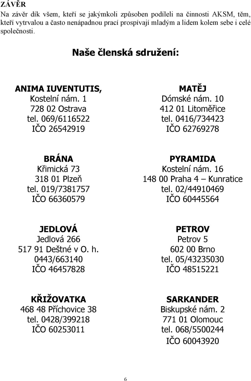 0416/734423 IČO 62769278 BRÁNA Křimická 73 318 01 Plzeň tel. 019/7381757 IČO 66360579 PYRAMIDA Kostelní nám. 16 148 00 Praha 4 Kunratice tel.