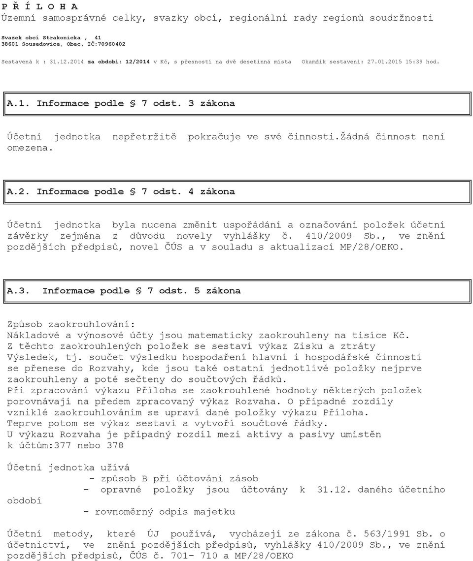 žádná činnost není omezena. A.2. Informace podle 7 odst. 4 zákona Účetní jednotka byla nucena změnit uspořádání a označování položek účetní závěrky zejména z důvodu novely vyhlášky č. 410/2009 Sb.