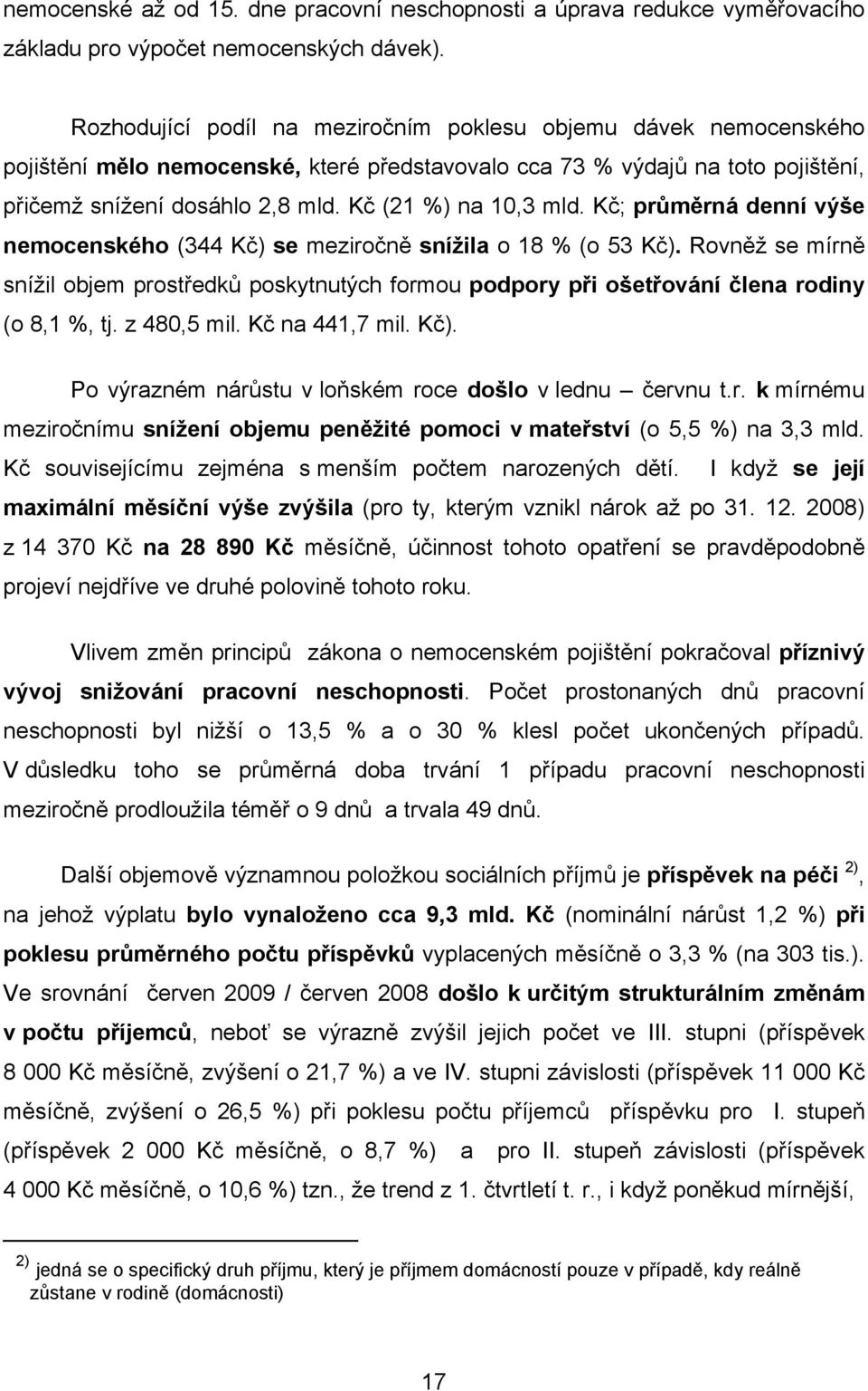 Kč (21 %) na 10,3 mld. Kč; průměrná denní výše nemocenského (344 Kč) se meziročně snížila o 18 % (o 53 Kč).