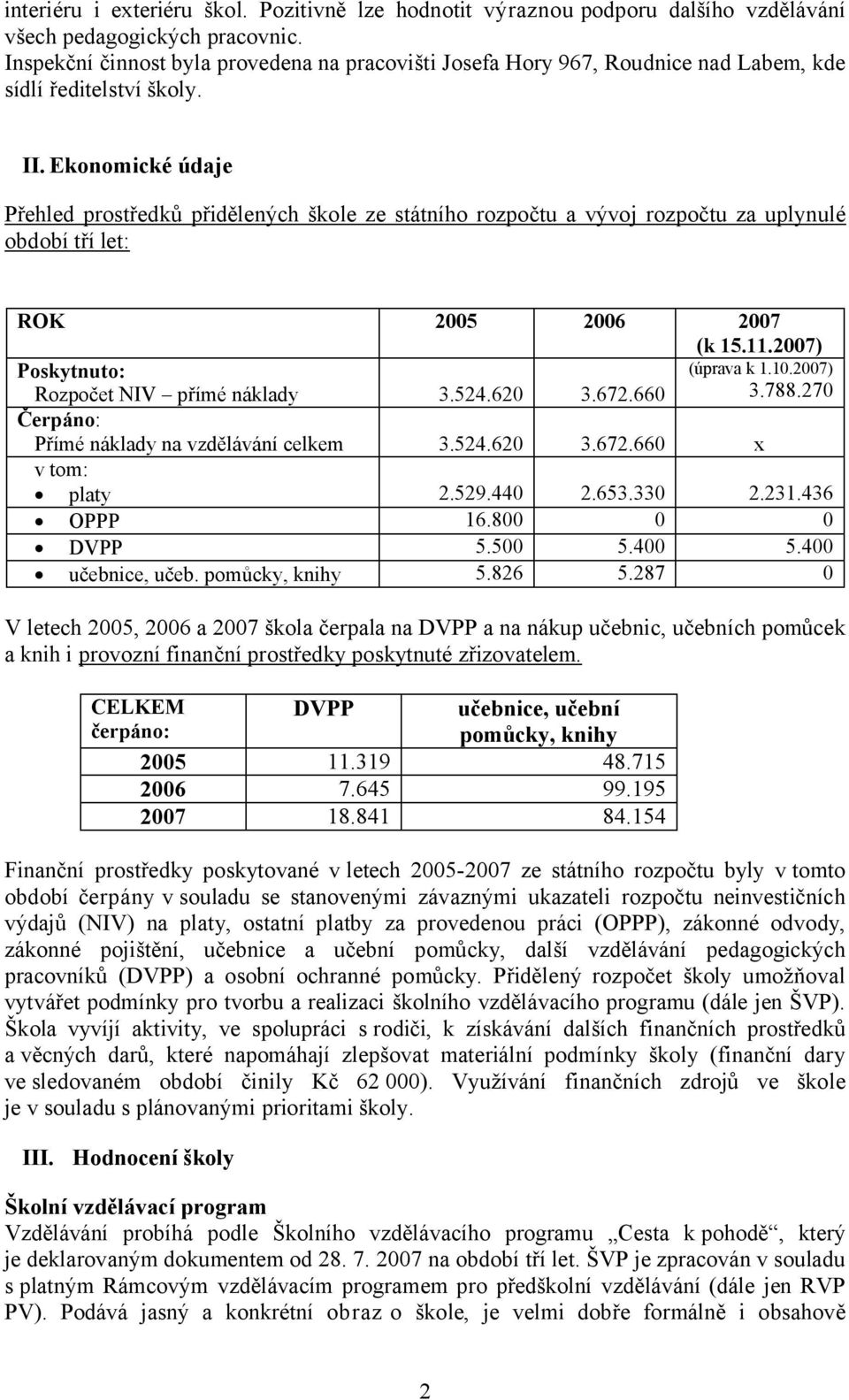Ekonomické údaje Přehled prostředků přidělených škole ze státního rozpočtu a vývoj rozpočtu za uplynulé období tří let: ROK 2005 2006 2007 (k 15.11.2007) Poskytnuto: Rozpočet NIV přímé náklady 3.524.