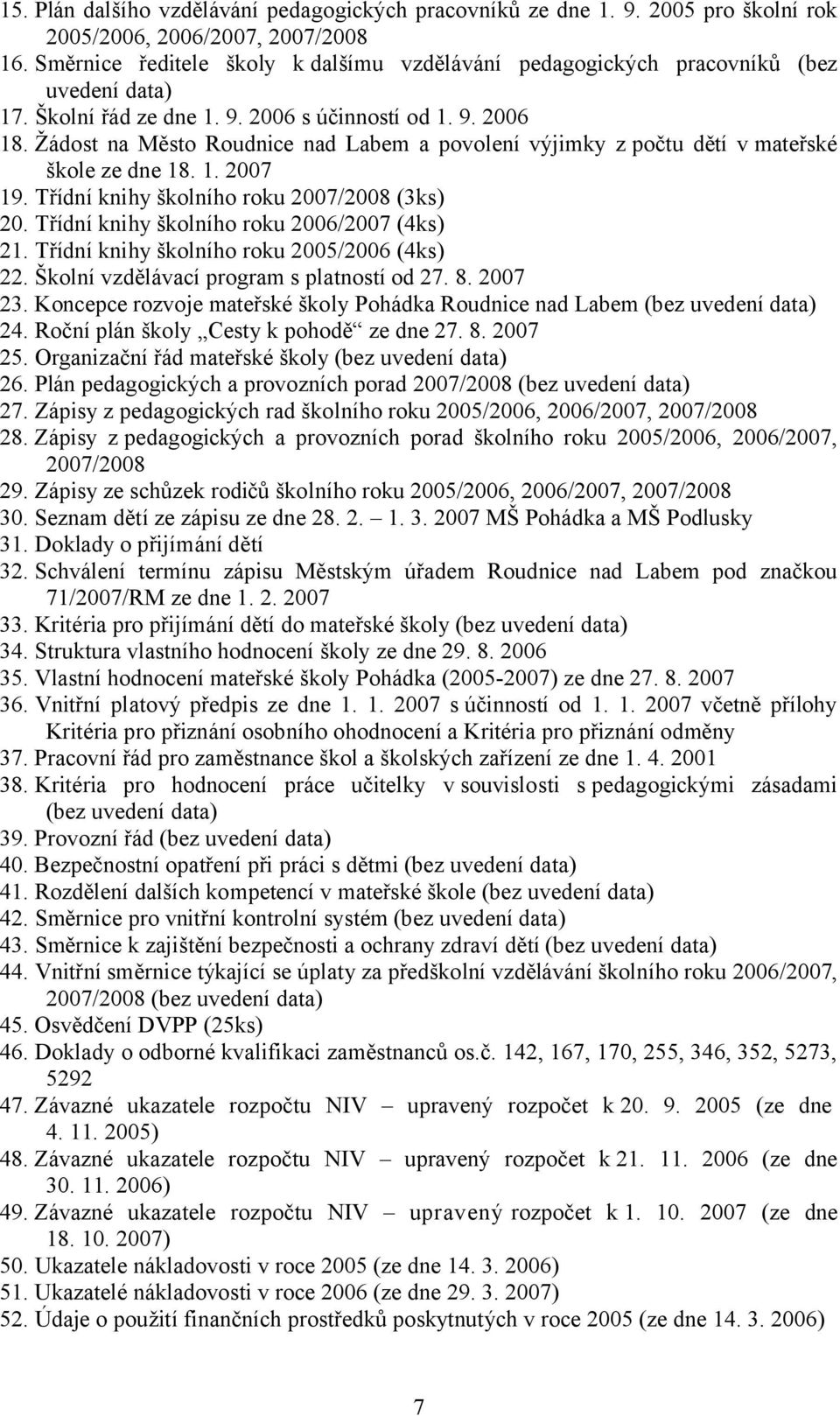 Žádost na Město Roudnice nad Labem a povolení výjimky z počtu dětí v mateřské škole ze dne 18. 1. 2007 19. Třídní knihy školního roku 2007/2008 (3ks) 20. Třídní knihy školního roku 2006/2007 (4ks) 21.