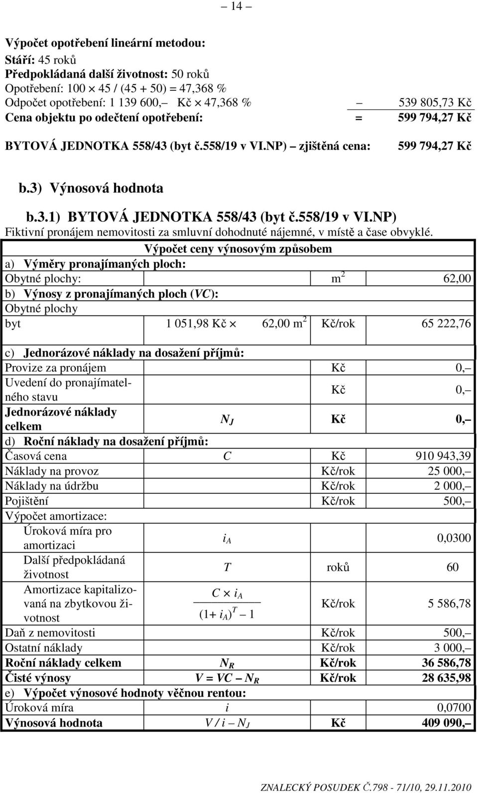 Výpočet ceny výnosovým způsobem a) Výměry pronajímaných ploch: Obytné plochy: m 2 62,00 b) Výnosy z pronajímaných ploch (VC): Obytné plochy byt 1 051,98 Kč 62,00 m 2 Kč/rok 65 222,76 c) Jednorázové