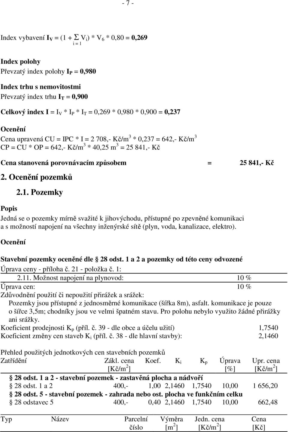 způsobem = 25 841,- Kč 2. Ocenění pozemků 2.1. Pozemky Popis Jedná se o pozemky mírně svažité k jihovýchodu, přístupné po zpevněné komunikaci a s možností napojení na všechny inženýrské sítě (plyn, voda, kanalizace, elektro).