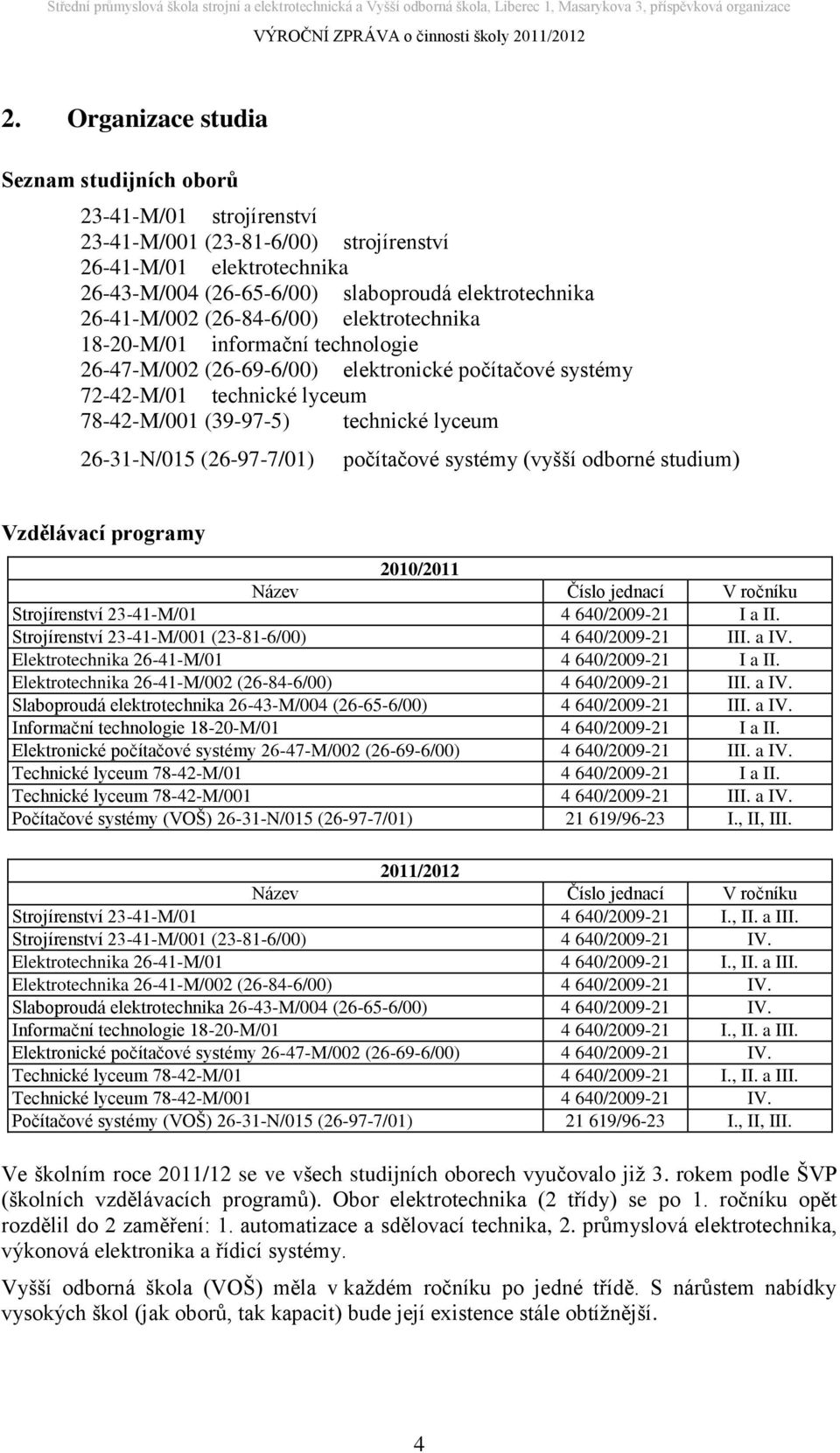 26-31-N/015 (26-97-7/01) počítačové systémy (vyšší odborné studium) Vzdělávací programy 2010/2011 Název Číslo jednací V ročníku Strojírenství 23-41-M/01 4 640/2009-21 I a II.