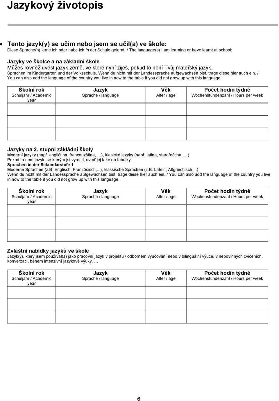 Wenn du nicht mit der Landessprache aufgewachsen bist, trage diese hier auch ein. / You can also add the language of the country you live in now to the table if you did not grow up with this language.