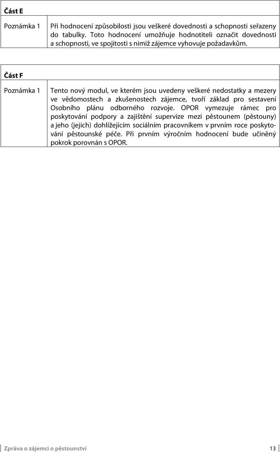 Část F Poznámka 1 Tento nový modul, ve kterém jsou uvedeny veškeré nedostatky a mezery ve vědomostech a zkušenostech zájemce, tvoří základ pro sestavení Osobního plánu