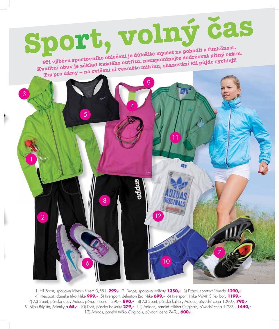 9 5 4 11 1 8 2 12 6 10 7 1) HT Sport, sportovní láhev s fi ltrem 0,55 l 299,- 2) Draps, sportovní kalhoty 1350,- 3) Draps, sportovní bunda 1290,- 4) Intersport, dámské tílko Nike 999,- 5) Intersport,