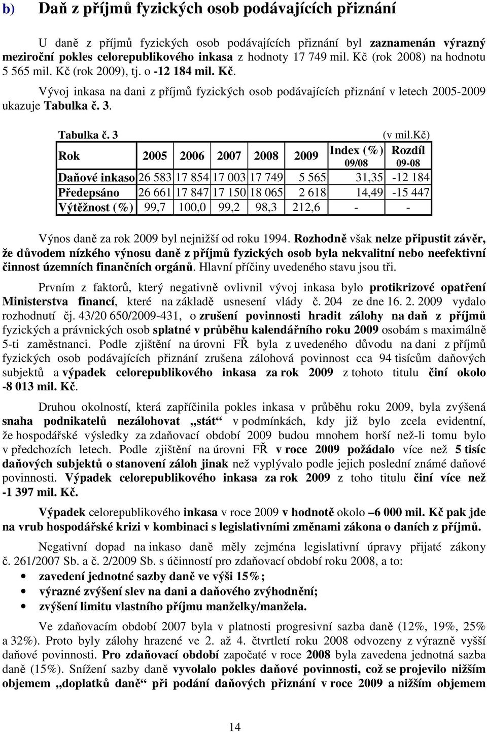 3. Tabulka č. 3 Rok 2005 2006 2007 2008 2009 Index (%) 09/08 (v mil.