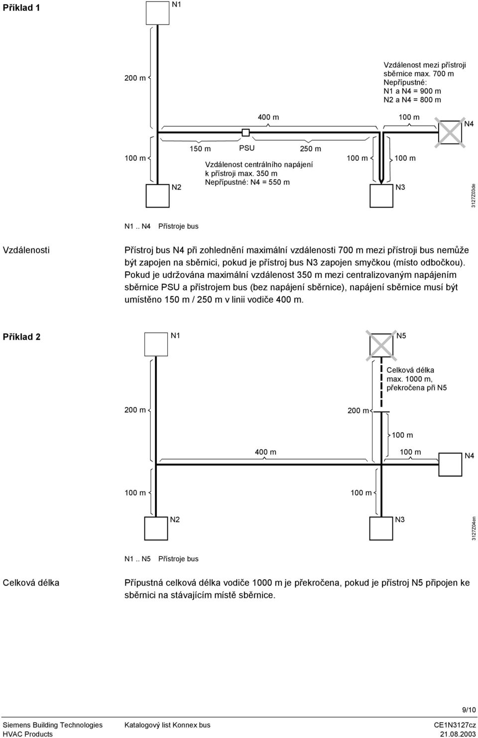 . N4 Přístroje bus Vzdálenosti Přístroj bus N4 při zohlednění maximální vzdálenosti 700 m mezi přístroji bus nemůže být zapojen na sběrnici, pokud je přístroj bus N zapojen smyčkou (místo odbočkou).