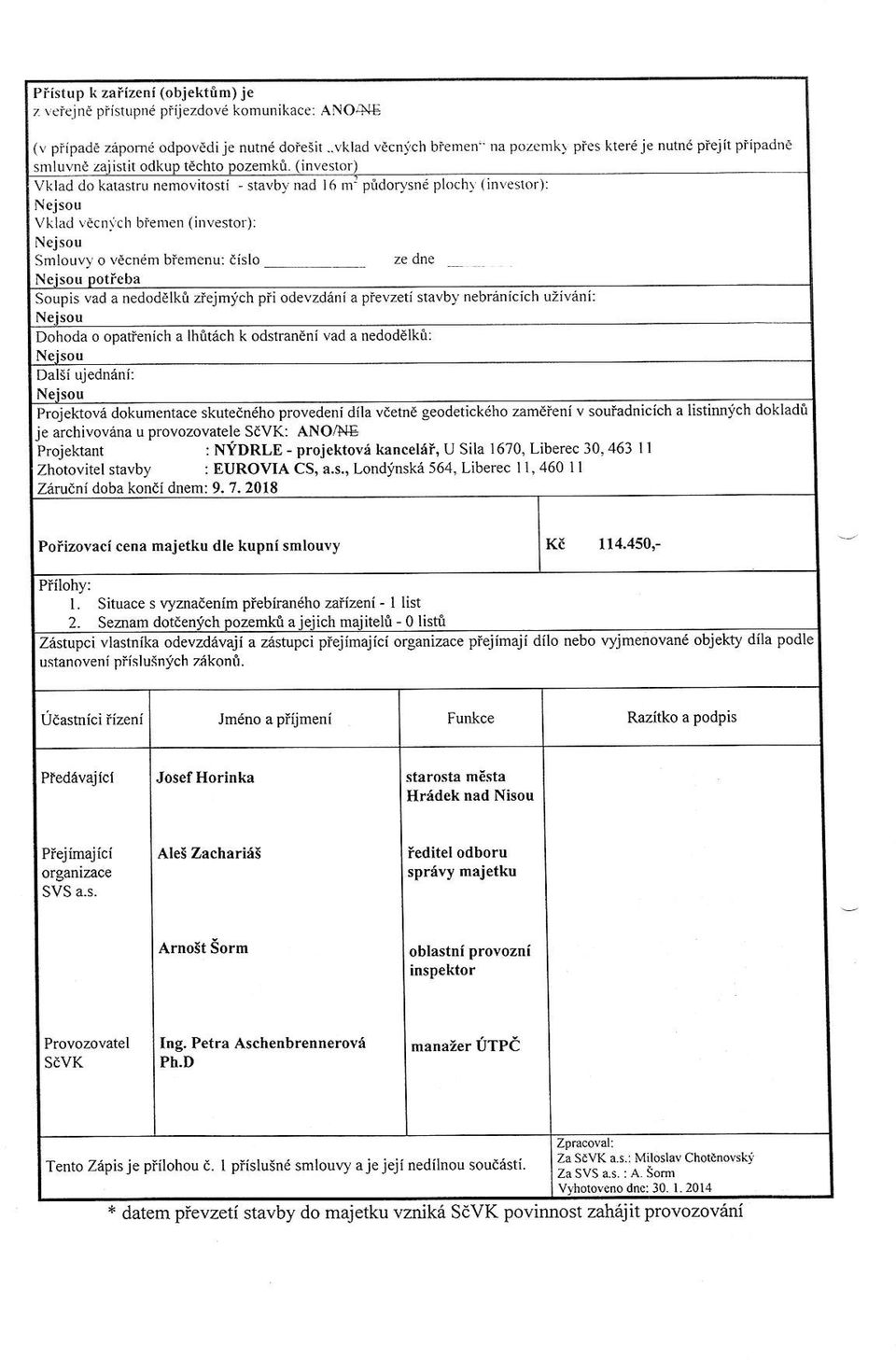 Vklad lecn(ch bie$ed (trrvestor): Nejsou Smlouv)- o vecnem btemenu: iislo Soupis vad a nedod-blkn ztejrnich pri odevzdani a pievzeti stavby nebrdnicich uziveni: Dohoda o opatienich a lbit6ch k