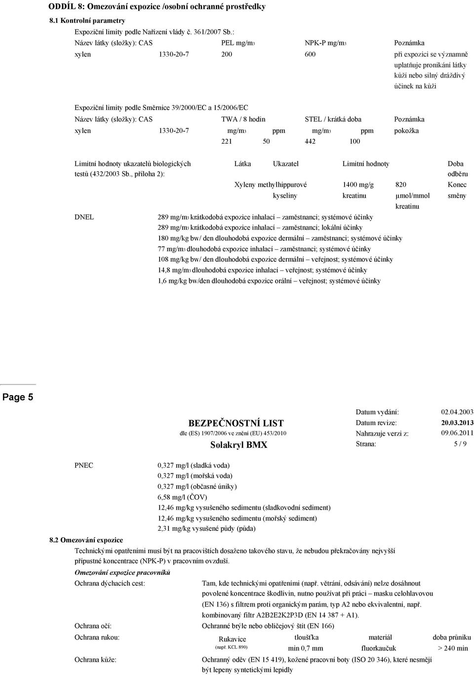 Směrnice 39/2000/EC a 15/2006/EC Název látky (složky): CAS TWA / 8 hodin STEL / krátká doba Poznámka xylen 1330 20 7 mg/m3 ppm mg/m3 ppm pokožka 221 50 442 100 Limitní hodnoty ukazatelů biologických