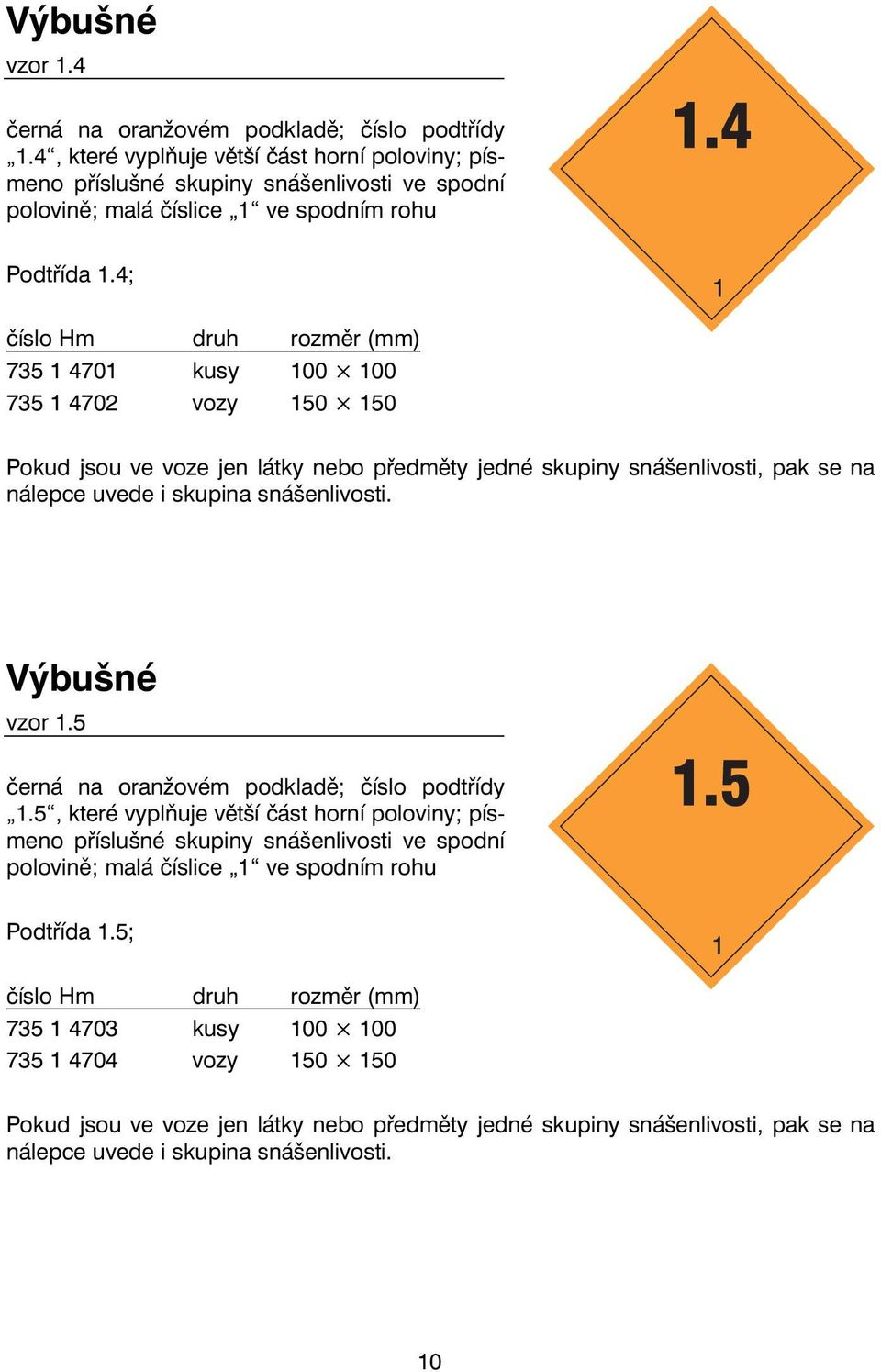 4; 735 1 4701 kusy 100 100 735 1 4702 vozy 150 150 Pokud jsou ve voze jen látky nebo předměty jedné skupiny snášenlivosti, pak se na nálepce uvede i skupina snášenlivosti. Výbušné vzor 1.