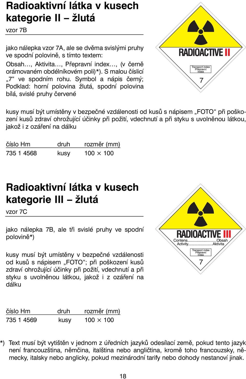 Symbol a nápis černý; Podklad: horní polovina žlutá, spodní polovina bílá, svislé pruhy červené kusy musí být umístěny v bezpečné vzdálenosti od kusů s nápisem FOTO při poškození kusů zdraví