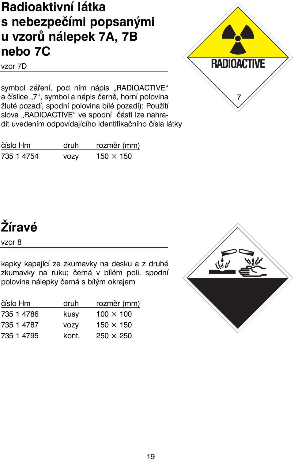 uvedením odpovídajícího identifikačního čísla látky 735 1 4754 vozy 150 150 Žíravé vzor 8 kapky kapající ze zkumavky na desku a z druhé