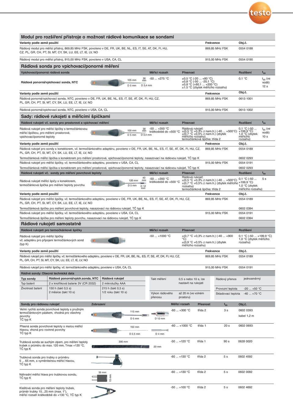 vpichovací/ponorné měření Vpichovací/ponorná rádiová sonda Měřicí rozsah Přesnost Rozlišení t 99 Rádiová ponorná/vpichovací sonda, NTC Varianty podle země použití Rádiová ponorná/vpichovací sonda,