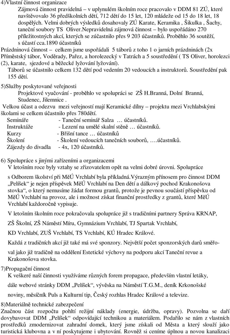 Nepravidelná zájmová innost bylo uspoádáno 270 píležitostných akcí, kterých se zúastnilo pes 9 203 úastník. Probhlo 36 soutží, s úastí cca.