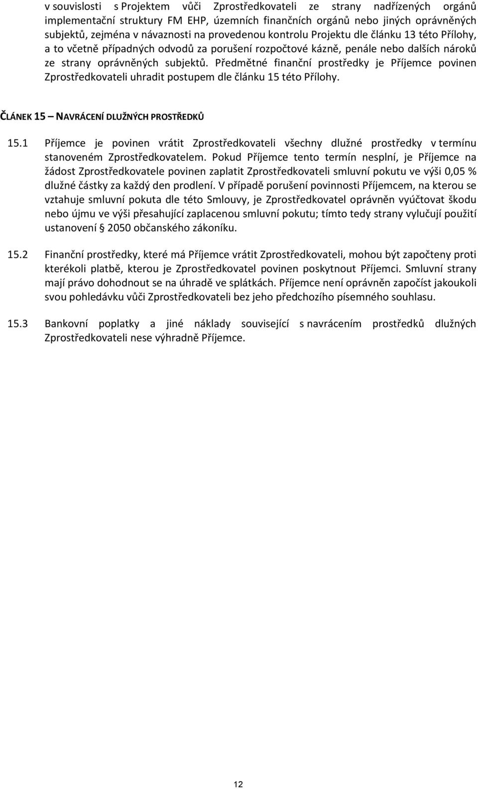 Předmětné finanční prostředky je Příjemce povinen Zprostředkovateli uhradit postupem dle článku 15 této Přílohy. ČLÁNEK 15 NAVRÁCENÍ DLUŽNÝCH PROSTŘEDKŮ 15.